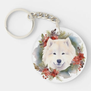Samoyed Christmas Wreath Festive Pup Key Ring