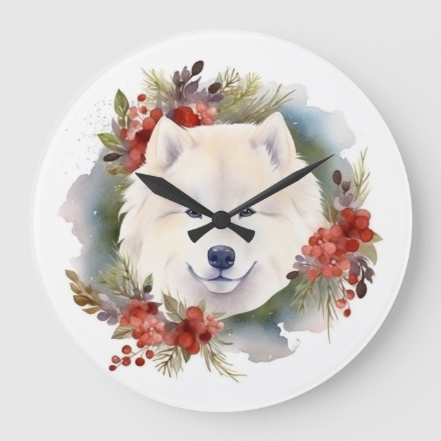 Samoyed Christmas Wreath Festive Pup  Large Clock (Front)