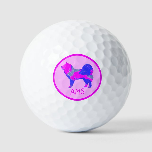 Samoyed Cute Pink Dog Silhouette Monogram Golf Balls (Front)