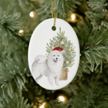 Samoyed Dog and Christmas Tree Watercolor Pet