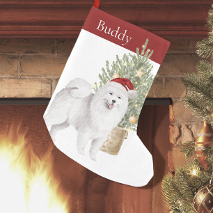 Samoyed Dog and Christmas Tree Watercolor Pet Small Christmas Stocking