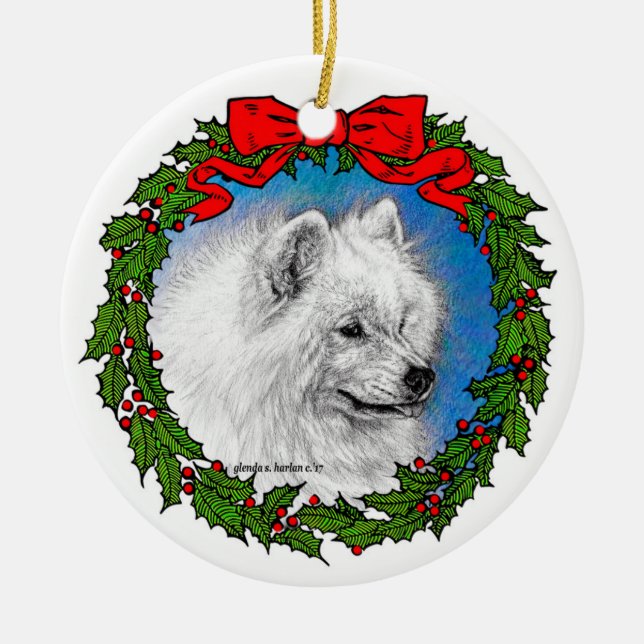 Samoyed Dog Art by Glenda S. Harlan Ceramic Tree Decoration (Front)