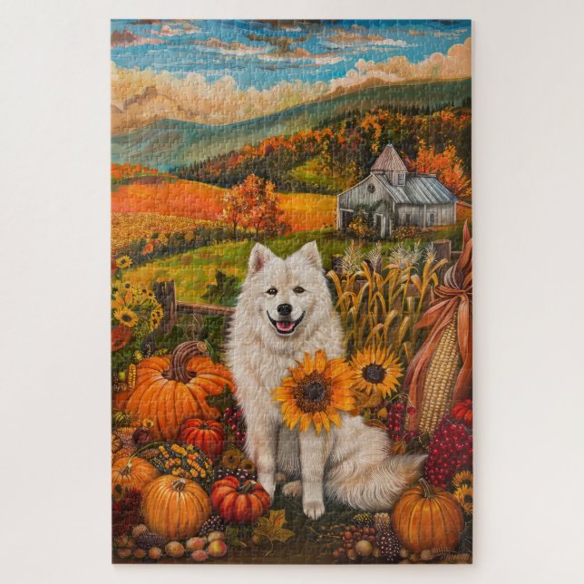 Samoyed Dog Autumn Harvest Thanksgiving Jigsaw Puzzle (Vertical)