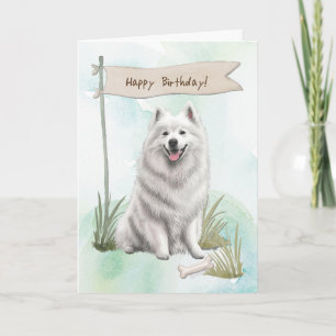 Samoyed Dog Breed Outdoors Under Birthday Sign Card