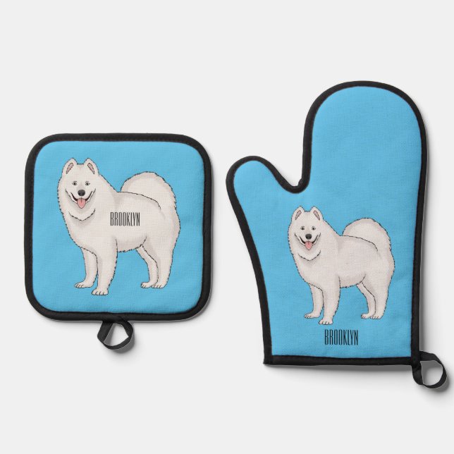 Samoyed dog cartoon illustration oven mitt & pot holder set (Front)