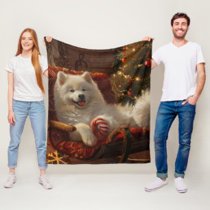 Samoyed Dog Christmas Festive Fleece Blanket