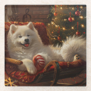 Samoyed Dog Christmas Festive Glass Coaster