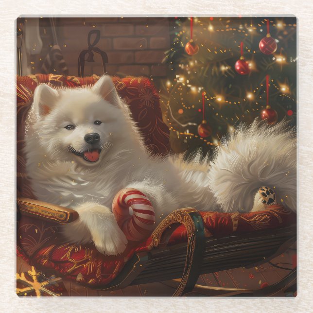 Samoyed Dog Christmas Festive  Glass Coaster (Front)
