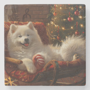 Samoyed Dog Christmas Festive Stone Coaster