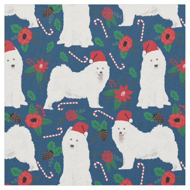 Samoyed dog christmas floral navy blue fabric (Close Up)