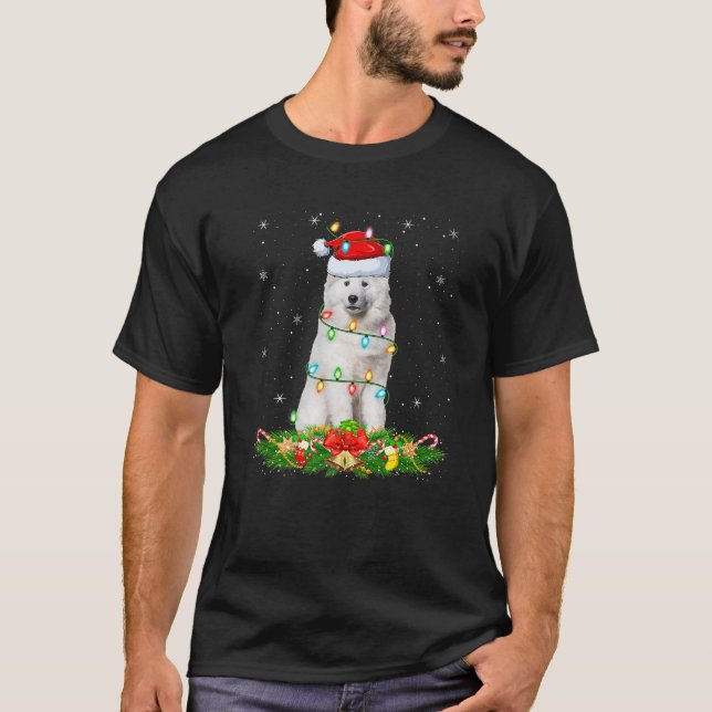 Samoyed Dog Christmas Lights Funny Santa Hat Xmas  T-Shirt (Front)