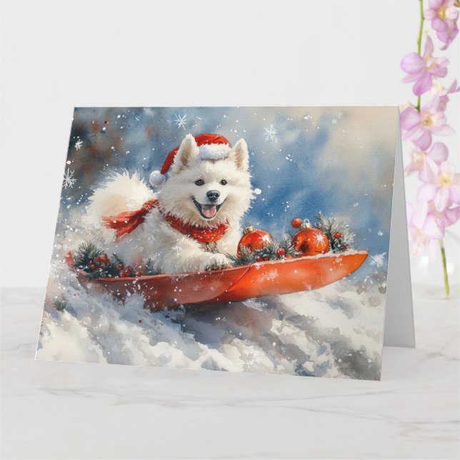 Samoyed Dog in Sledge Let it Snow Christmas Card (Orchid)