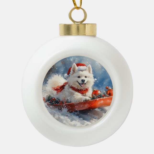Samoyed Dog in Sledge Let it Snow Christmas Ceramic Ball Christmas Ornament (Front)