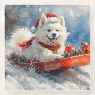 Samoyed Dog in Sledge Let it Snow Christmas Glass Coaster