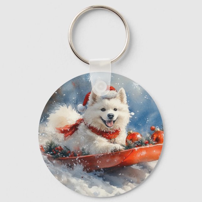 Samoyed Dog in Sledge Let it Snow Christmas Key Ring (Front)