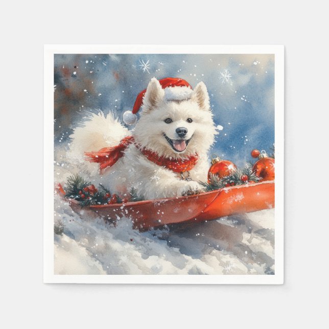 Samoyed Dog in Sledge Let it Snow Christmas Napkin (Front)