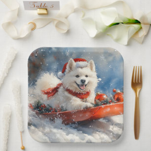 Samoyed Dog in Sledge Let it Snow Christmas Paper Plate