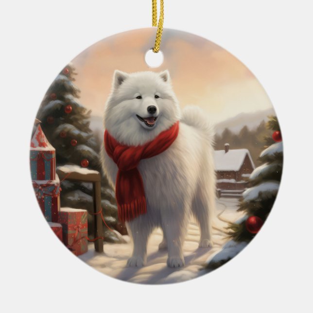 Samoyed Dog in Snow Christmas  Ceramic Tree Decoration (Front)