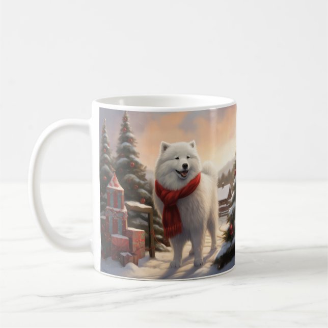 Samoyed Dog in Snow Christmas  Coffee Mug (Left)