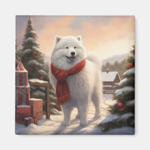 Samoyed Dog in Snow Christmas Magnet