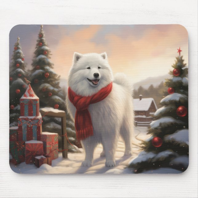 Samoyed Dog in Snow Christmas  Mouse Mat (Front)