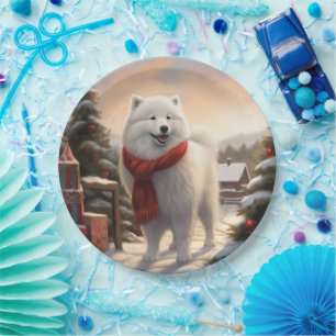 Samoyed Dog in Snow Christmas  Paper Plate