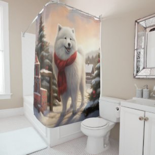 Samoyed Dog in Snow Christmas Shower Curtain
