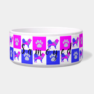 Samoyed Dog & Paw Hot Pink & Blue Pet Bowl