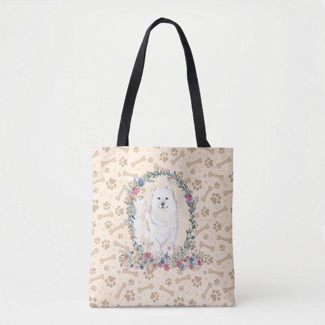 Samoyed Dog Paw Print & Dog Bone Cute  Tote Bag (Front)