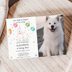Samoyed Dog Pawty Puppy Birthday Pink Photo Invitation