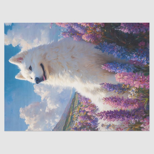 Samoyed Dog Purple Lupine Flowers Decoupage Tissue Paper (Front)