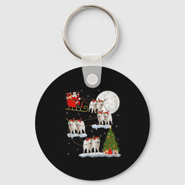 Samoyed Dog Santa Sleigh Flying Funny Magical Chri Key Ring (Front)