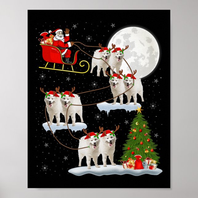 Samoyed Dog Santa Sleigh Flying Funny Magical Chri Poster (Front)
