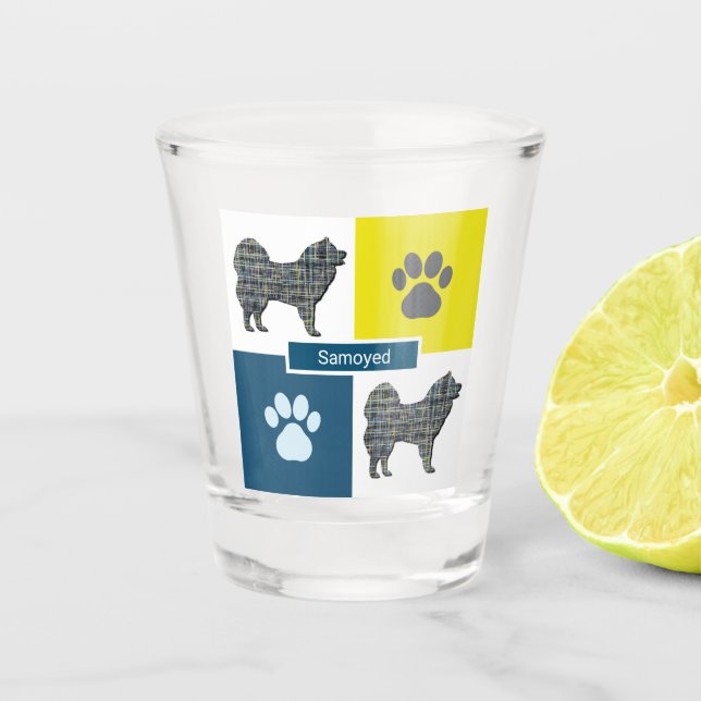 Samoyed Dog Silhouette & Paw Y&B Grid Shot Glass (Front)