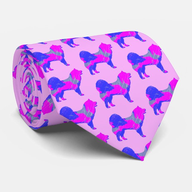 Samoyed Dog Silhouette Pink & Blue Light Pink Tie (Rolled)
