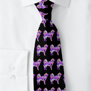 Samoyed Dog Silhouette Purple Black Necktie