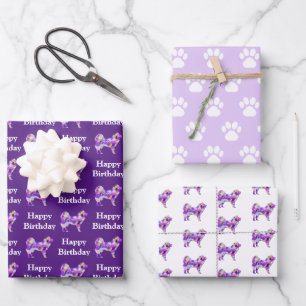 Samoyed Dog Silhouette Purple Happy Birthday Wrapping Paper Sheet