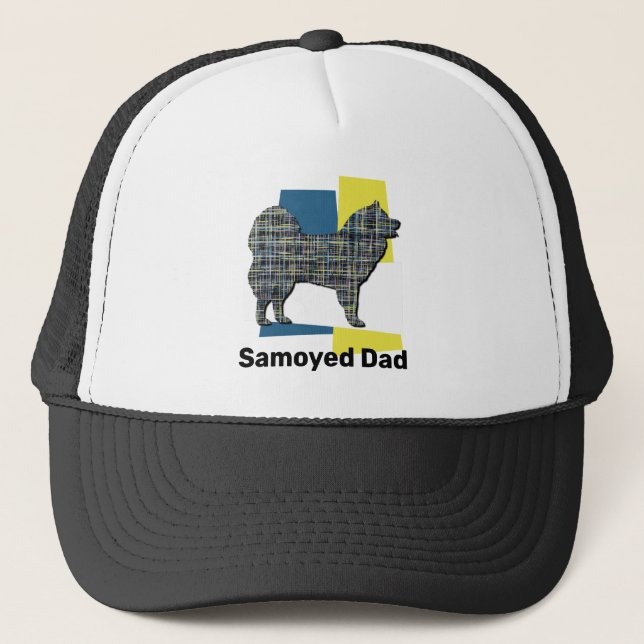 Samoyed Dog Silhouette Tricolour Grid Trucker Hat (Front)