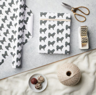 Samoyed Dog Silhouette Y&B Grid White Wrapping Paper