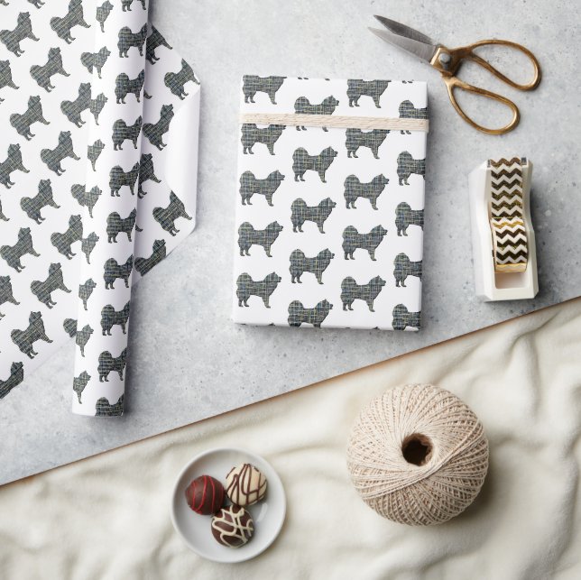 Samoyed Dog Silhouette Y&B Grid White Wrapping Paper (Crafts)