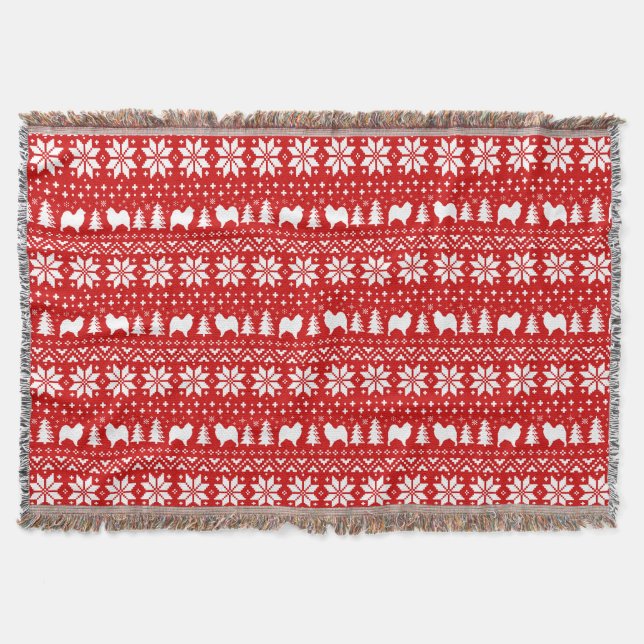 Samoyed Dog Silhouettes Christmas Pattern Red Throw Blanket (Front)