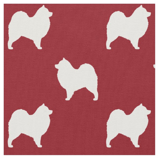 Samoyed Dog Silhouettes Pattern Red and White Fabric (Close Up)