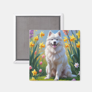 Samoyed Dog Spring Flowers Painting Magnet