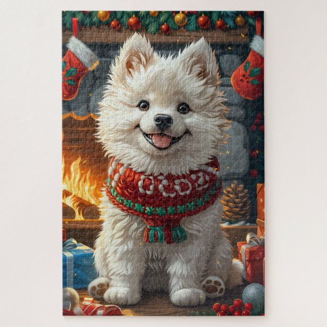 Samoyed Dog With Christmas Gifts Fireplace Jigsaw Puzzle (Vertical)