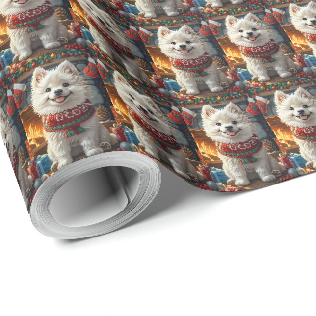 Samoyed Dog With Christmas Gifts Fireplace Wrapping Paper (Roll Corner)