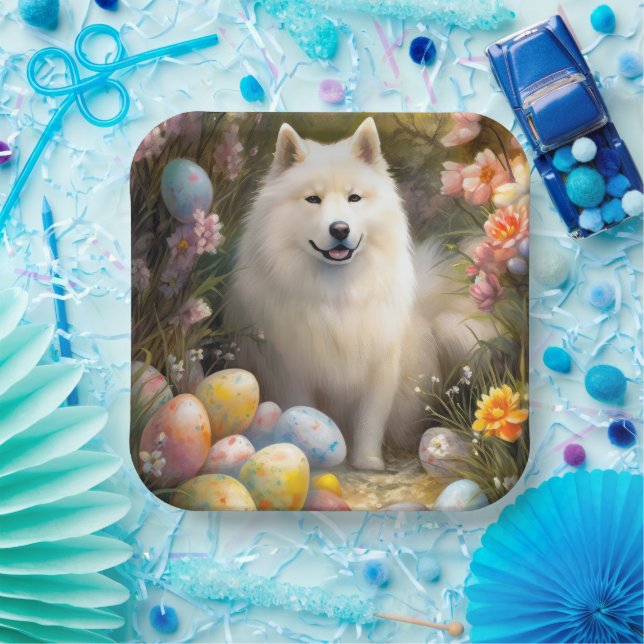 Samoyed Dog with Easter Eggs Holiday Paper Plate (Party)