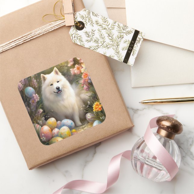 Samoyed Dog with Easter Eggs Holiday Square Sticker (Gifting)
