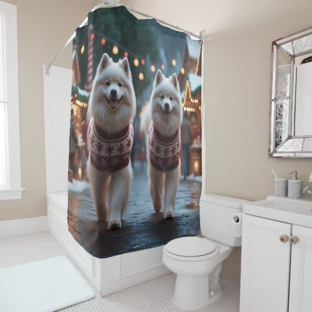 Samoyed Dogs Christmas Snow Holiday Shower Curtain (In Situ)