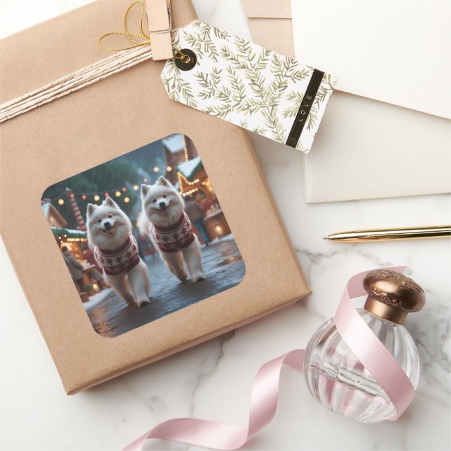 Samoyed Dogs Christmas Snow Holiday Square Sticker (Gifting)
