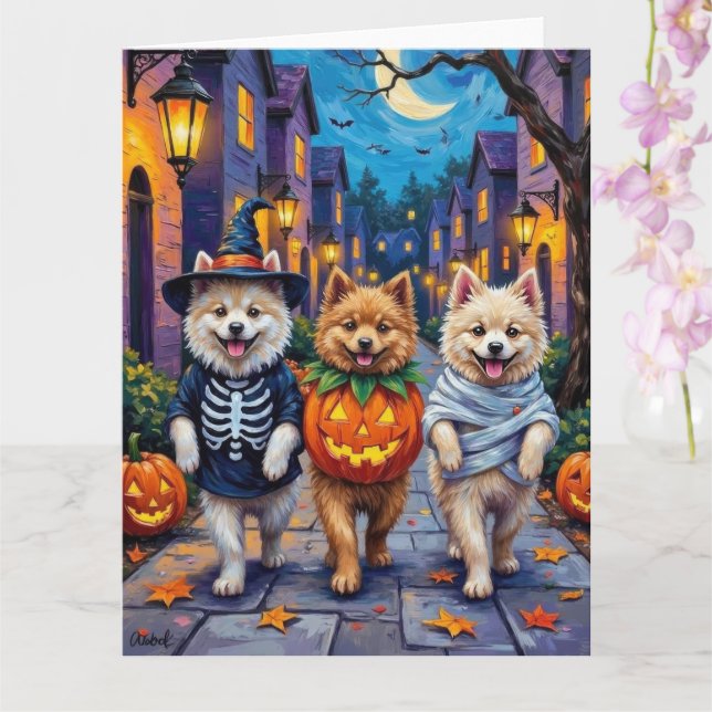 Samoyed Dogs Trick-or-Treating Halloween Costumes Card (Orchid)